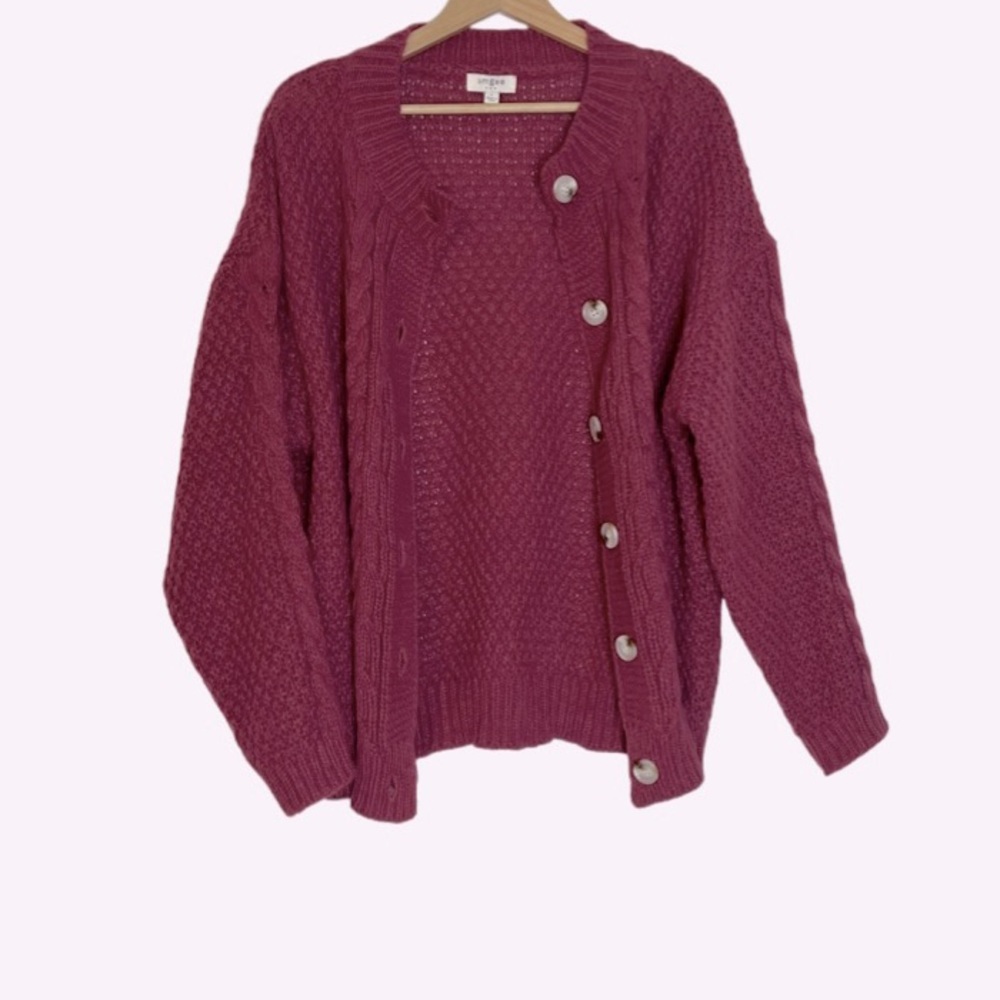 Umgee Chunky Cable Knit Button Down Sangria Soft Cardigan Women’s Size L